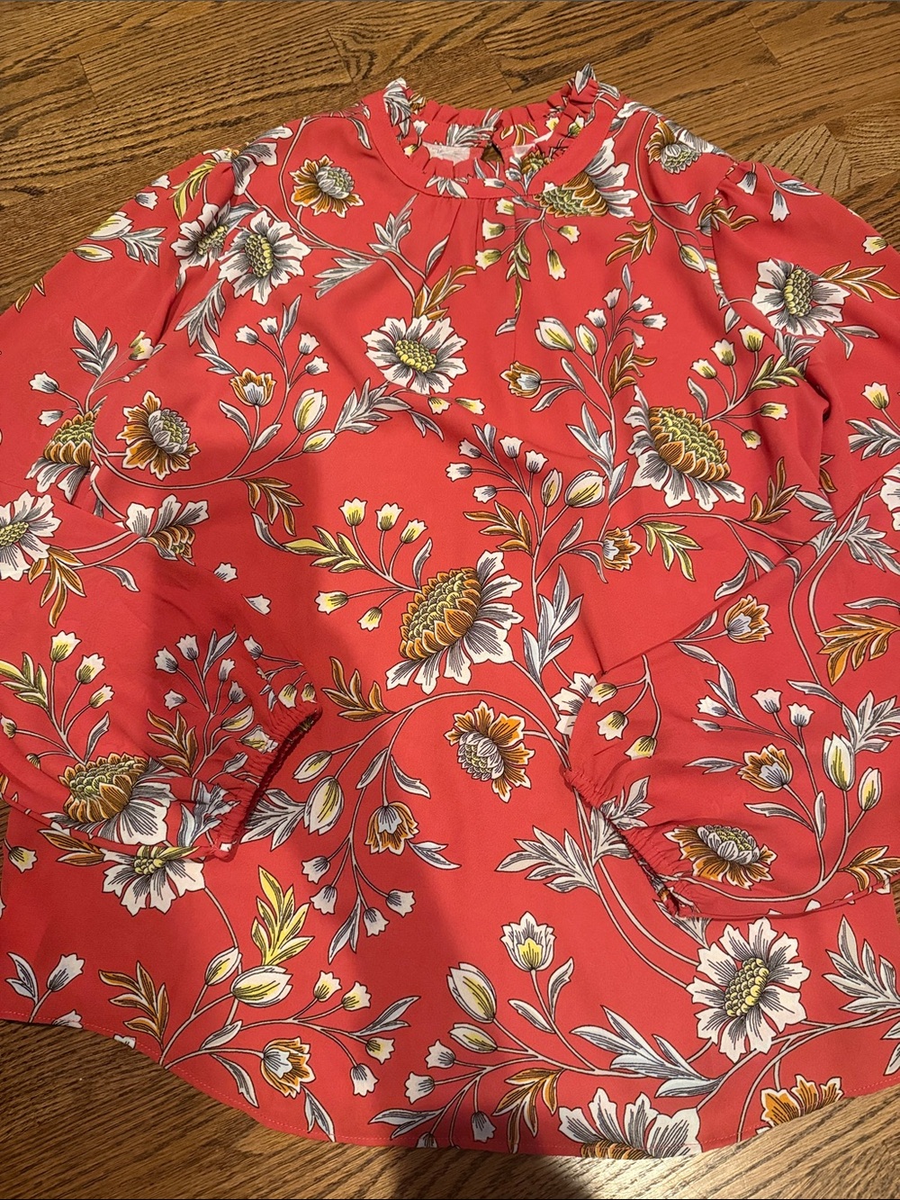 Loft Floral Ruffle Neck Women's blouse Top - Coral sz medium